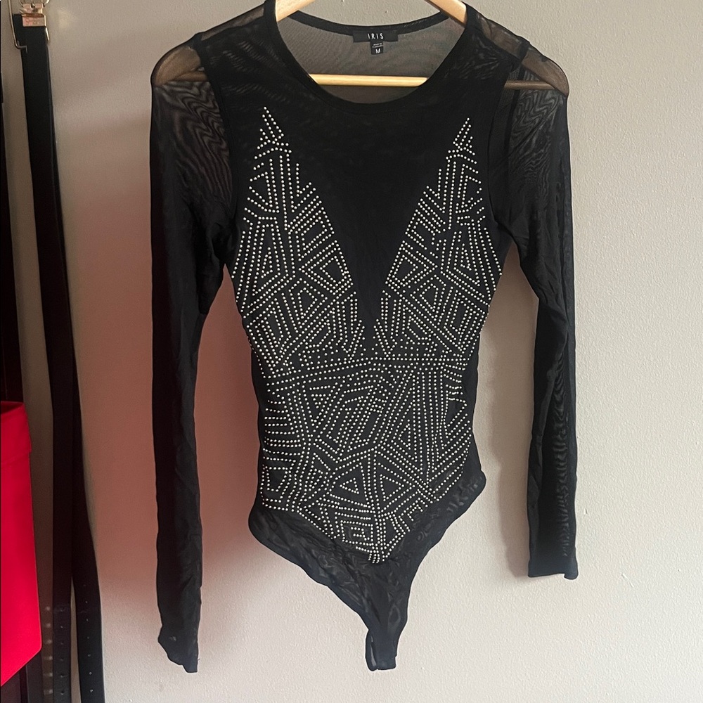 Iris Black Sheer Bodysuit with Silver Accents